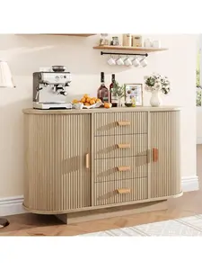 Yellow 47inch Sideboard Buffet Cabinet With Storage  Fluted Coffee Bar Cabinet With 4 Drawers And 2 Arched Sliding Doors  Modern Wood Storage Buffet Table For Kitchen  Living Room