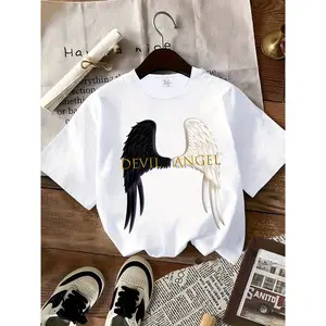 Devil & Angel Wings & Protect Surround You Trust You'Re Safe Print Crew Neck T-Shirt, Casual Fashion Short Sleeve T-Shirt, Micro-Elastic, Non-Transparent, Easy To Care Material, Ideal For Casual Attire, Women'S Clothing[Y2K]