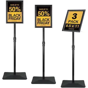 Adjustable Sign Stand for Display, with Upgraded Iron Base, Pedestal Floor Signage Stand Holder for Outdoor or Indoor Advertising (8.5 x 11, Black, 3Pack)