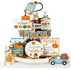 15 Pieces Fall Tiered Tray Decor Set Thanksgiving Pumpkin Tray Decor Scarecrow Truck Fall Decor for Home Autumn Harvest Wooden Table Decorations Signs