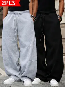 2-Pack Men’s Streetwear Baggy Sweatpants, Y2K Style Elastic Waist Drawstring Wide-Leg Pants, Casual Loose-Fit Track Pants with Pockets, Cool Trendy Joggers for Everyday & Street Style, 2-Pack: Gray + Black, Menswear tiktokshopspringglowup,summervibes