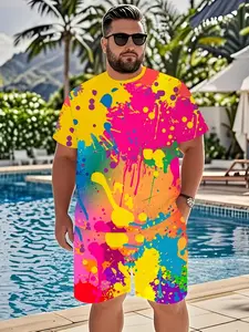 Men's Large Size 3D Rainbow Sportswear Casual Set, Tie-Dye Graffiti Short Sleeve with Pocket & Drawstring Shorts, Loose Fit