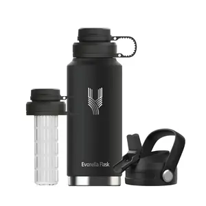 EVORELLA FLASK Black Sports Water Bottle - 32 oz - Leak Proof, 18/8 grade Durable Double Walled Stainless Steel Bottles with Infuser Lid, New 2 in 1 Lid, Straw, Straw cleaner