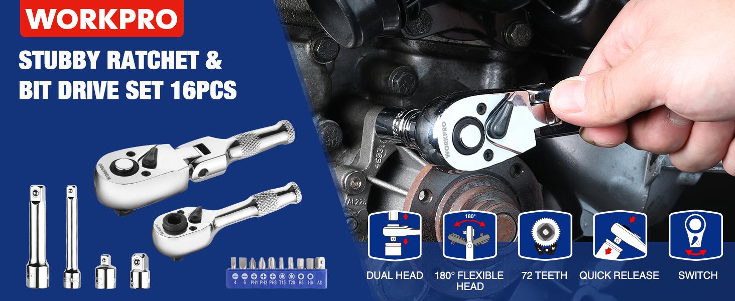 #backtoschool WORKPRO Stubby Ratchet & Bit Driver Set 16 Packs, 1/4", 3/8" Drive Ratchet Handle Wrench, 72-T Quick-Release Reversible Socket Wrench, 2 Socket Adapters, 2 Extension Bars, 10 Packs 1/4" Hex Bits