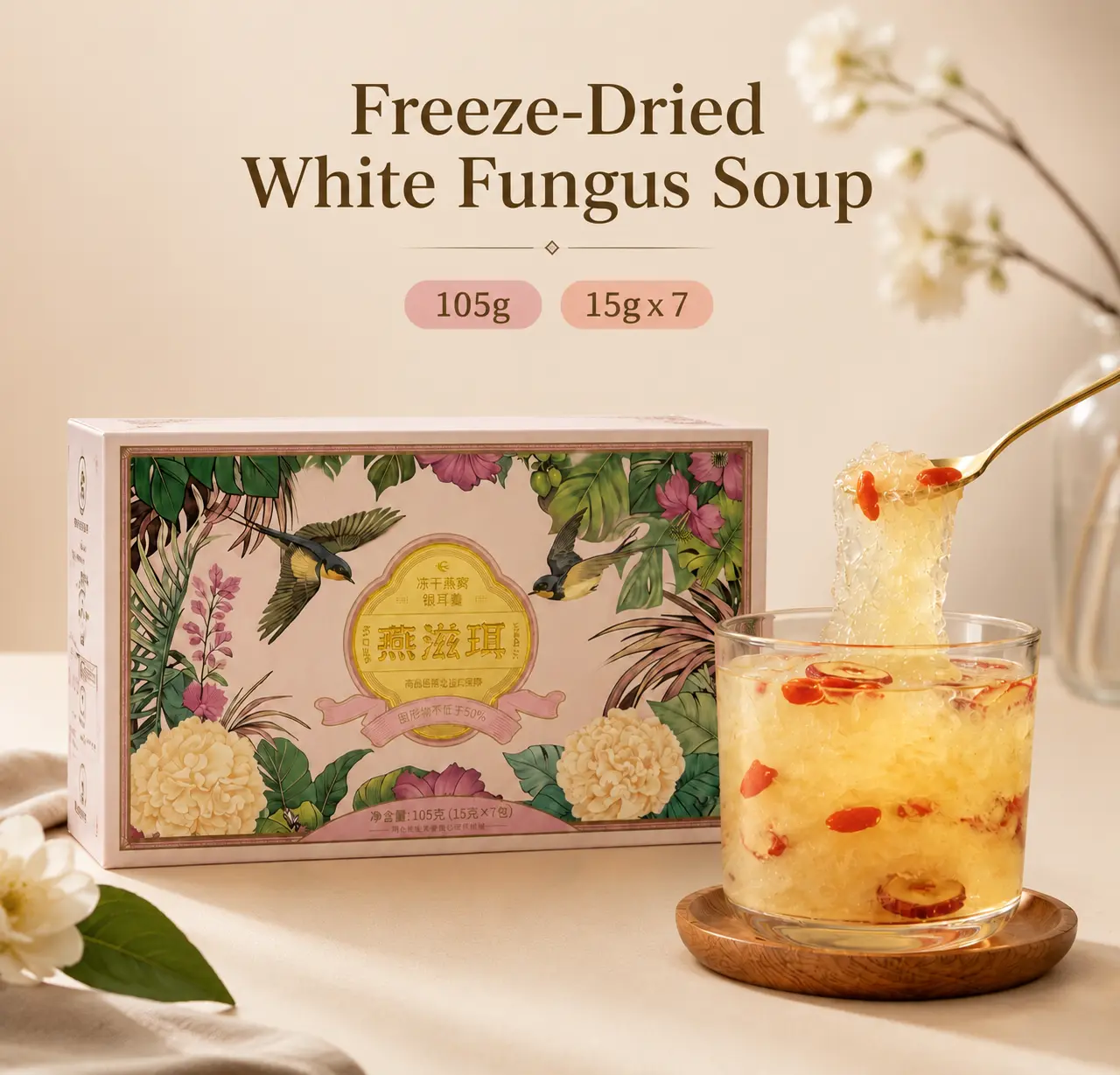 [YunGlow] Freeze Dried Bird’s Nest Tremella Mushroom Soup, Instant Snow Fungus Drink, Ready to Eat Healthy Breakfast Snack, Just Add Hot Water