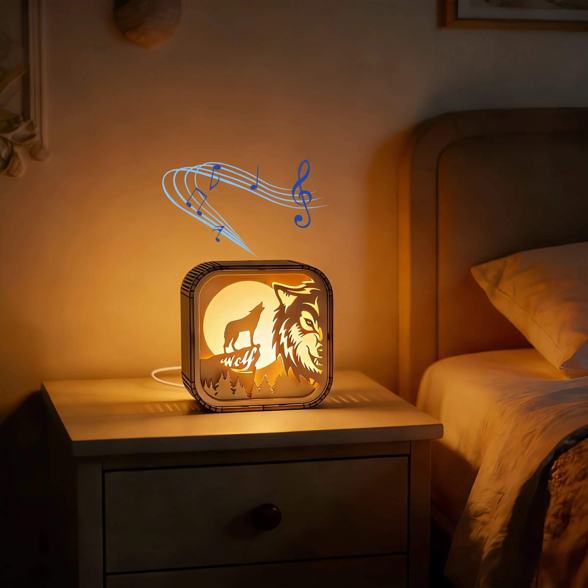 3D Wooden Touch Laser Cut Music Box Wolf Shadow Lamp, Multi-Layer Wood Board Design, Atmosphere Light, Night Light, Gift Idea