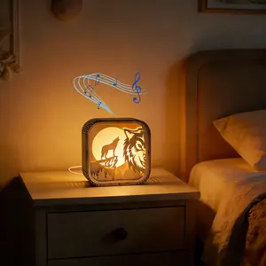3D Wooden Touch Laser Cut Music Box Wolf Shadow Lamp, Multi-Layer Wood Board Design, Atmosphere Light, Night Light, Gift Idea