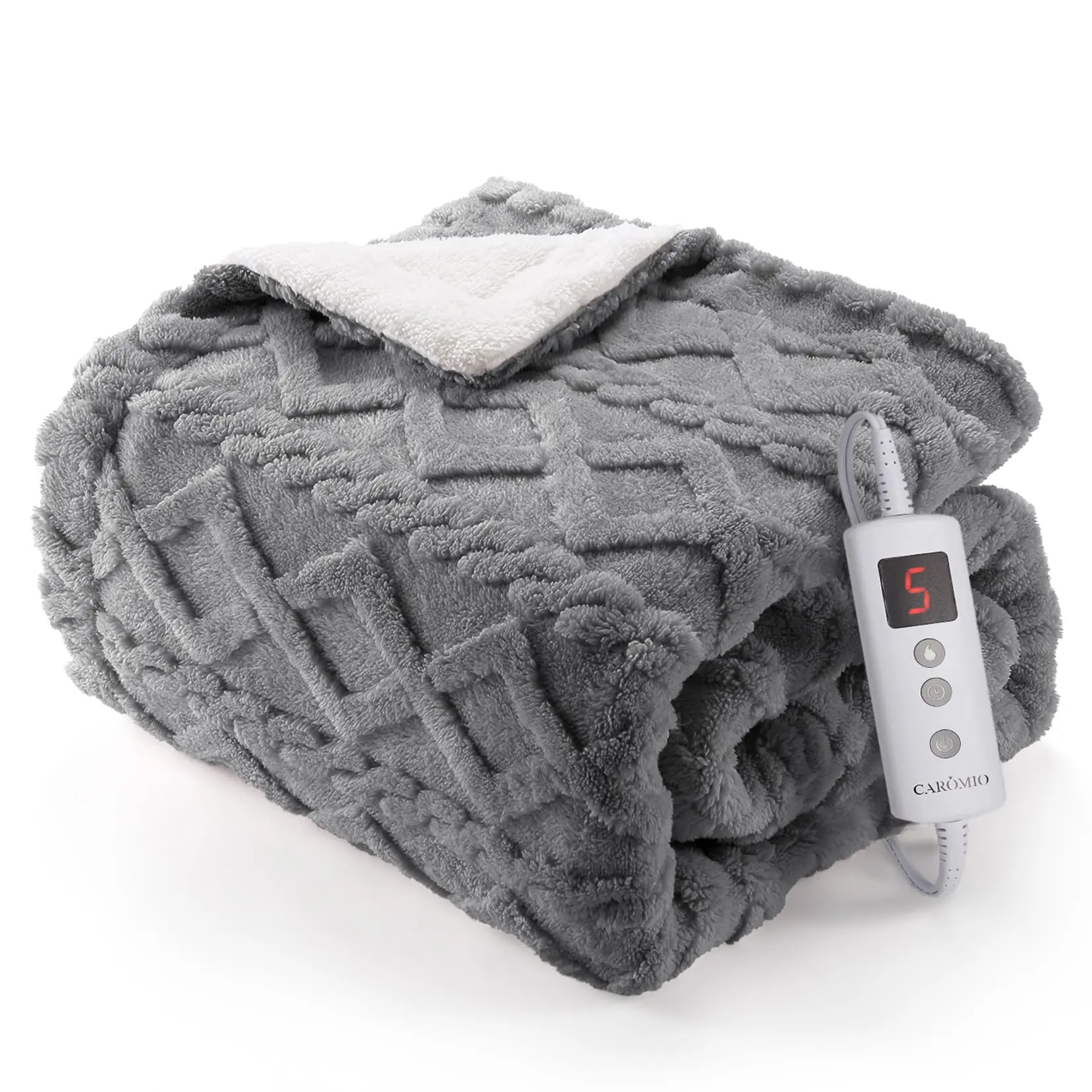 Gray Tufted Jacquard Sherpa Heated Blanket - 50x60in Thick Long Plush Home Decor, 10 Heating Levels, Timer Shutdown, Fast Heat, Temp Control, Long Cord, Energy Efficient, Machine Washable, Convenient, ETL Certified