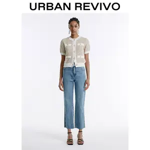 URBAN REVIVO Women's Cropped Short-Sleeve Crewneck Button-Down Knit Cardigan Top - Chic, Comfortable, Lightweight, Minimalist Elegant Women's Clothes for 2025 Everyday Casual OOTD (Pair with Jeans, Shortsleeve Clothes)