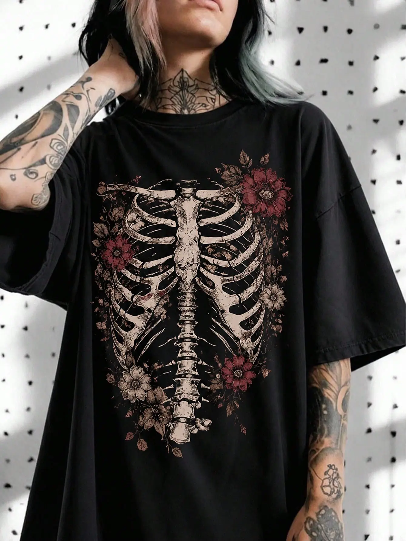 Women's Breathable Graphic T-Shirt - Black, Skeleton Ribcage With Floral Print, Everyday Fabric, Halloween Gift For Gothic Style Women