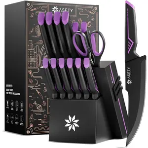 Knife Set - 15 PCS Kitchen Knife Set with Built-in Knife Sharpener Block - Stainless Steel Knife Block Set - Dishwasher Safe Mordern Knife Set, Elegant Box for Men Women