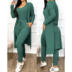 Two Piece Set Women Outfit 2023 Spring Fashion Drawstring Pocket Design U-Neck Sleeveless Skinny Jumpsuit & Long Sleeve Coat Set