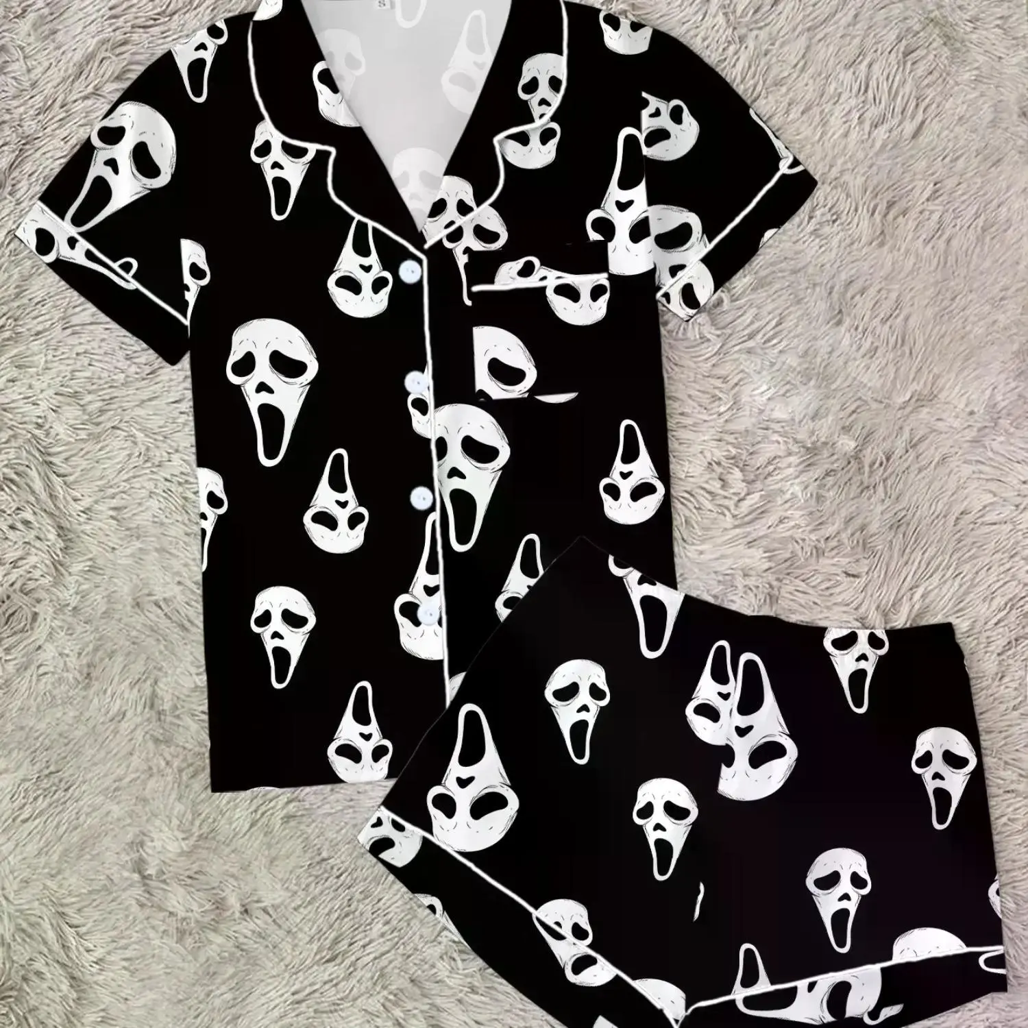 Women’s Halloween Pajama Set, Ghostface Scream Print Button-Down Loungewear Two-Piece (Shirt & Shorts) Women’s Halloween Pajama Set, Ghostface Scream Print Button-Down Loungewear Two-Piece (Shirt & Shorts)