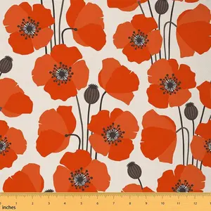 Poppy Flower Fabric by The Yard,1 Yard,Red Floral Botanical Branches Upholstery Fabric for Chairs Sofa Couch,Outdoor Fabric