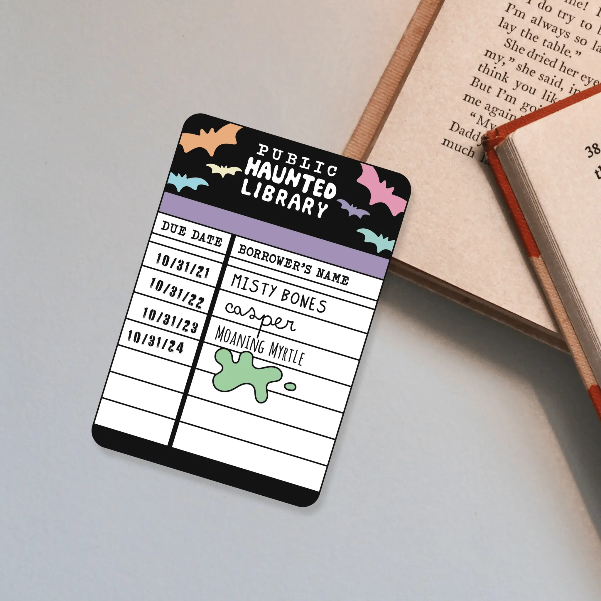 Horror Library Card Bookmark - Public Haunted Library Design with Bat Icons & Sparkle Finish - 3 x 5 Inches Cardstock Bookmarks