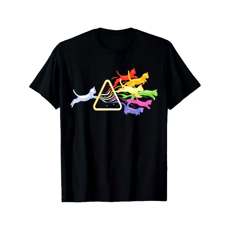 Men's Cat Prism Rainbow Light Funny Physics Science Spectral Cotton T-Shirt - Casual Menswear, Round Neck Cotton Fabric Top