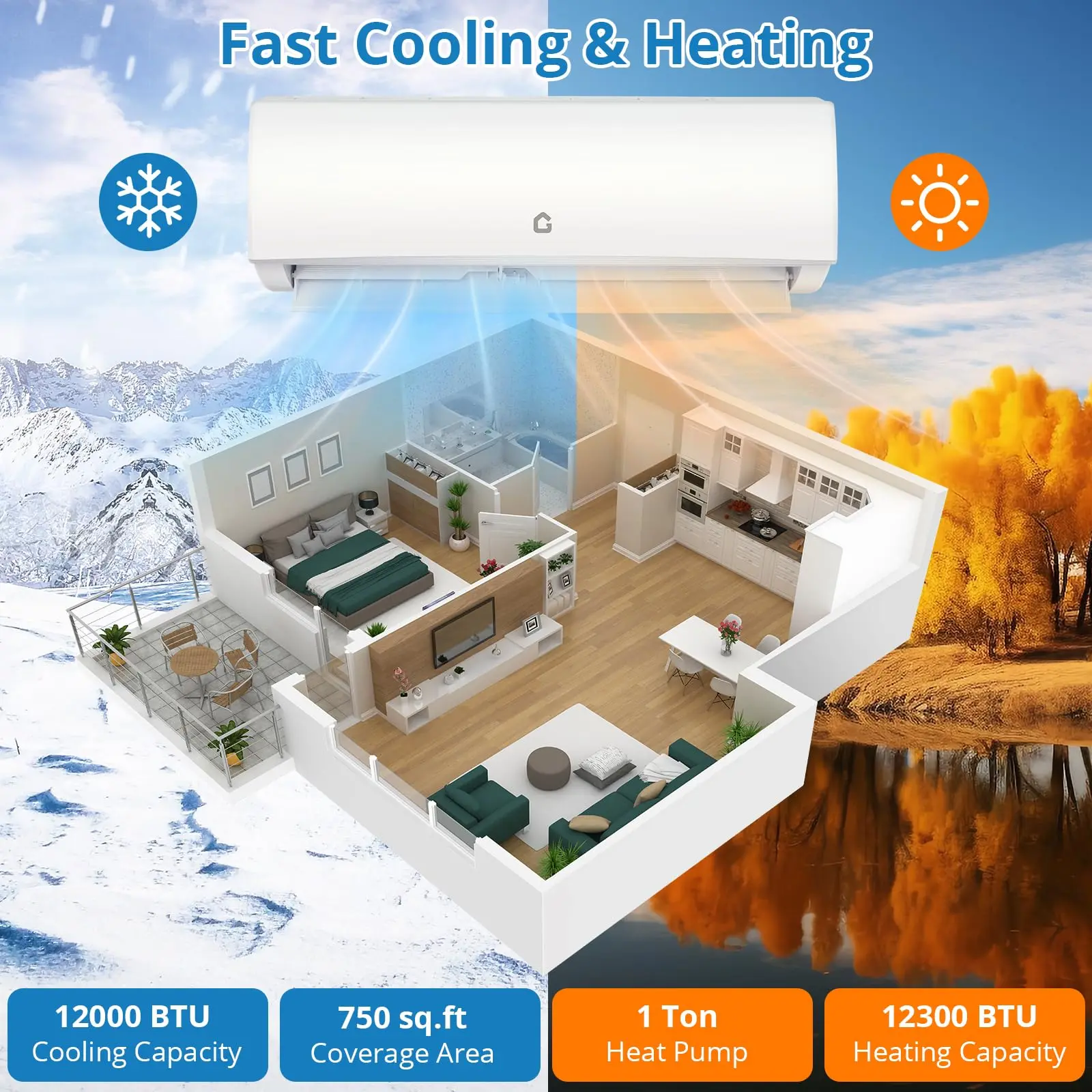 Garvee 12000 BTU Mini Split Air Conditioner Heat Pump System, Wifi Enabled 20 SEER2 Ductless AC Cool Up to 750 Sq. Ft, Complete Installation Kit, 208V/230V