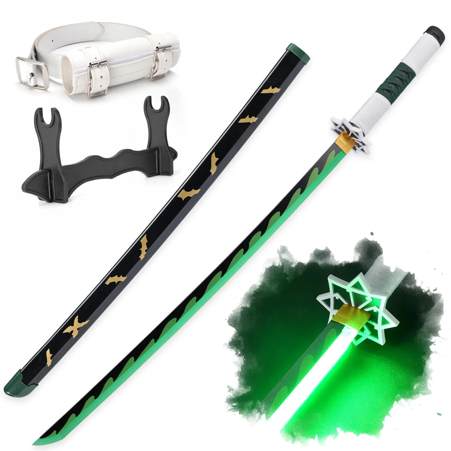 ELERVINO 41-in LED Demon Slayer Shinazugawa Sanemi Cosplay Sword - Plastic Dull Blade, Scabbard, Belt, Holder Stand, LED Replica Swords - Room Decorations, Collectibles, Halloween Anime Role-Playing Props