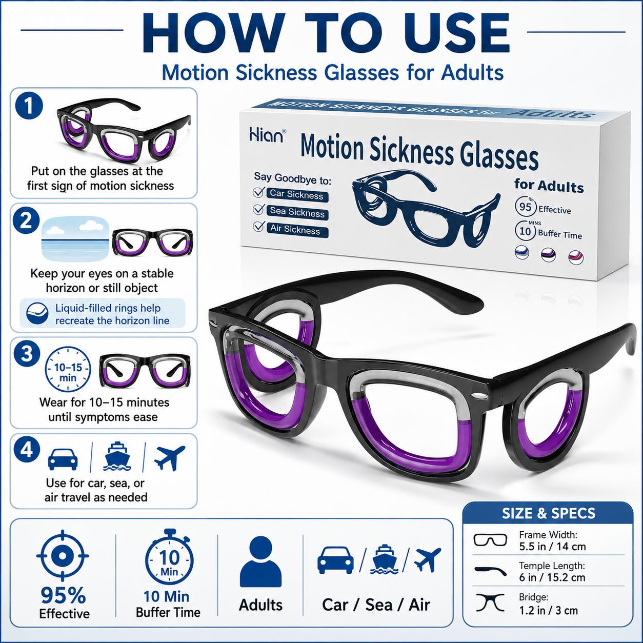 Reusable Liquid Technology Anti-Motion Sickness Glasses - Food-Safe Travel Motion Relief for Car, Boat Use with VR Games Compatibility