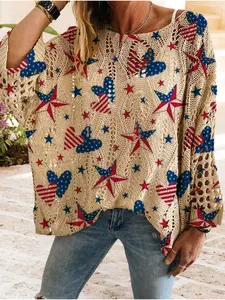 Women's Independence Day Heart Print Long Sleeve Short Knit Top, Casual Elegant Vacation Style Sweater, Loose Batwing Shoulders, Spring Fall Fashion Knitwear