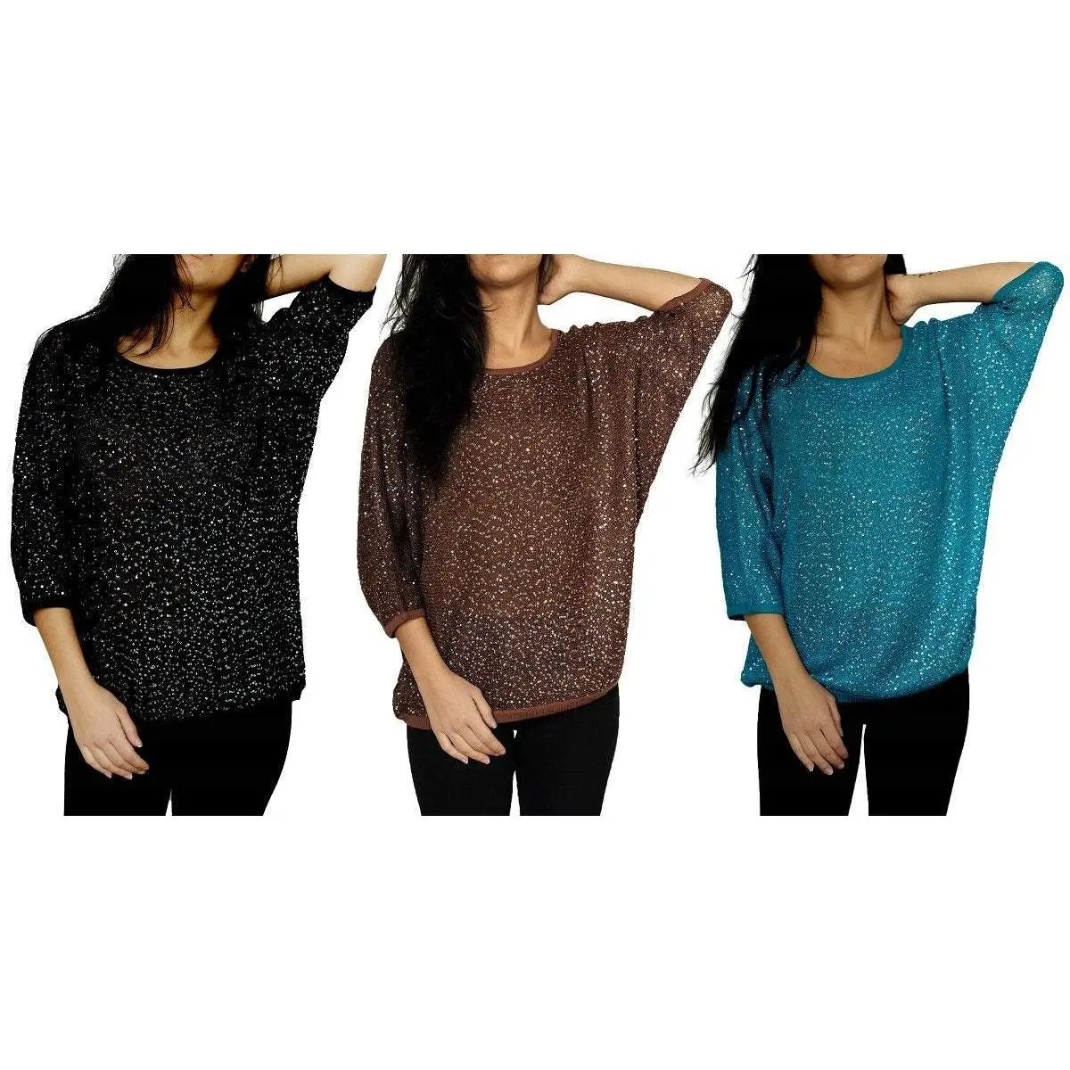 Women's 3/4 Dolman Sleeve Batwing Sequin Sweater