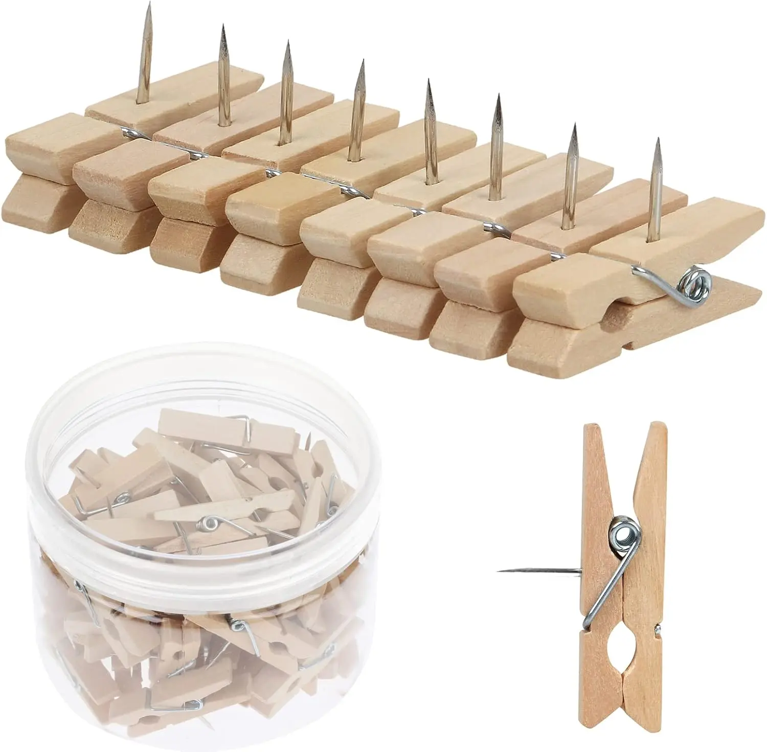 50 PCS Burlywood Wooden Clip Push Pins, Durable Decorative Tacks for Cork Board, Artworks, Home & Office Craft Projects