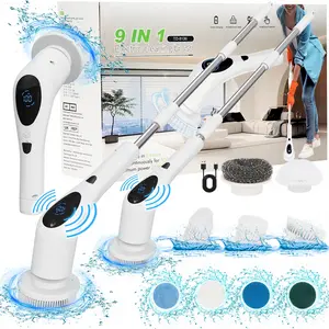 Electric spin scrubber, electric spin cordless tub and tile scrubber, LED display shower cleaning brush with voice announcement 3 speeds 9 interchangeable cleaning heads Bathroom scrubber with adjustable and detachable long handle