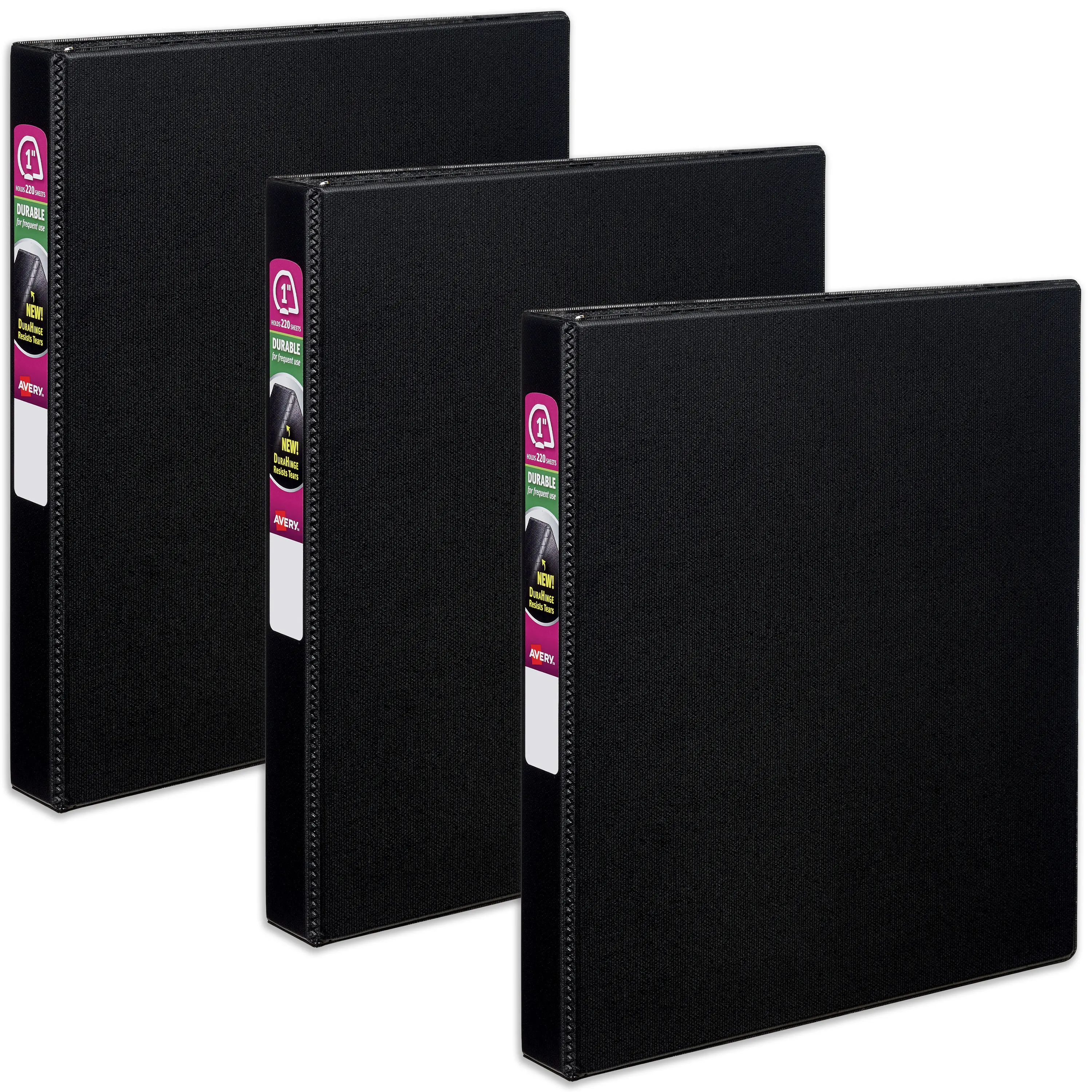 Avery Durable 3-Ring School Binders, 1 in Slant Rings, 3 Black Office Document Organizers (27250) with Nonstick Material Pockets, Back-Mounting, Tear-Proof, Duraedge Split-Resistant Edges