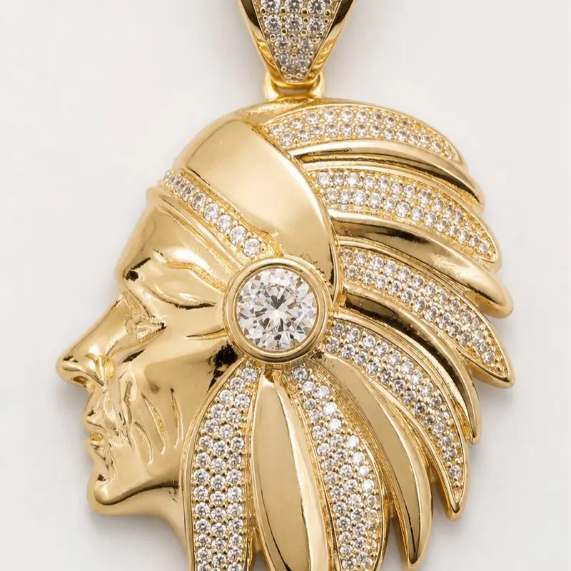 14K Gold Plated Indian Chief Pendant with CZ Stones