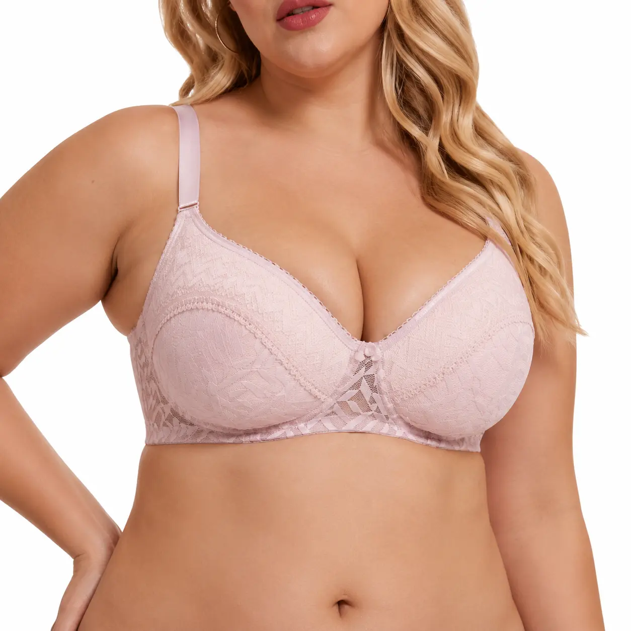 Plus Size Geometric Textured Lace Full Coverage Bra for Big Bust Women, Scalloped Trim Deep V Underwire Support Bra with Center Button Detail, Adjustable Wide Straps All Day Comfort Curvy Daily Lingerie