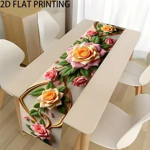 1 2D table flag, beautifully designed with roses, linen table flag banner, holiday table accessories, home kitchen and dining decoration, holiday desktop decoration, fabric tablecloth, Party Table Decor, Home Party Decorations, Festive Decoration