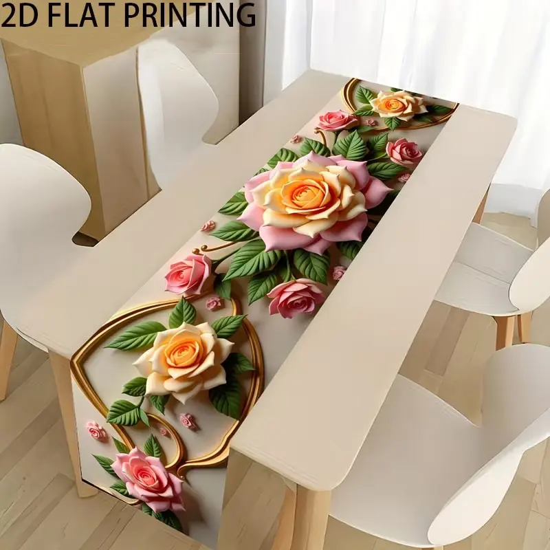 1 2D table flag, beautifully designed with roses, linen table flag banner, holiday table accessories, home kitchen and dining decoration, holiday desktop decoration, fabric tablecloth, Party Table Decor, Home Party Decorations, Festive Decoration
