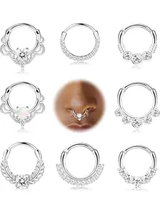 8pcs 16g Septum Clicker Ring, Septum Pierced Ring, Stainless Steel Cz Opal Cartilage Helix Tragus Hoop, Daith Earrings Nose Rings, 10mm Piercing Jewelry Set