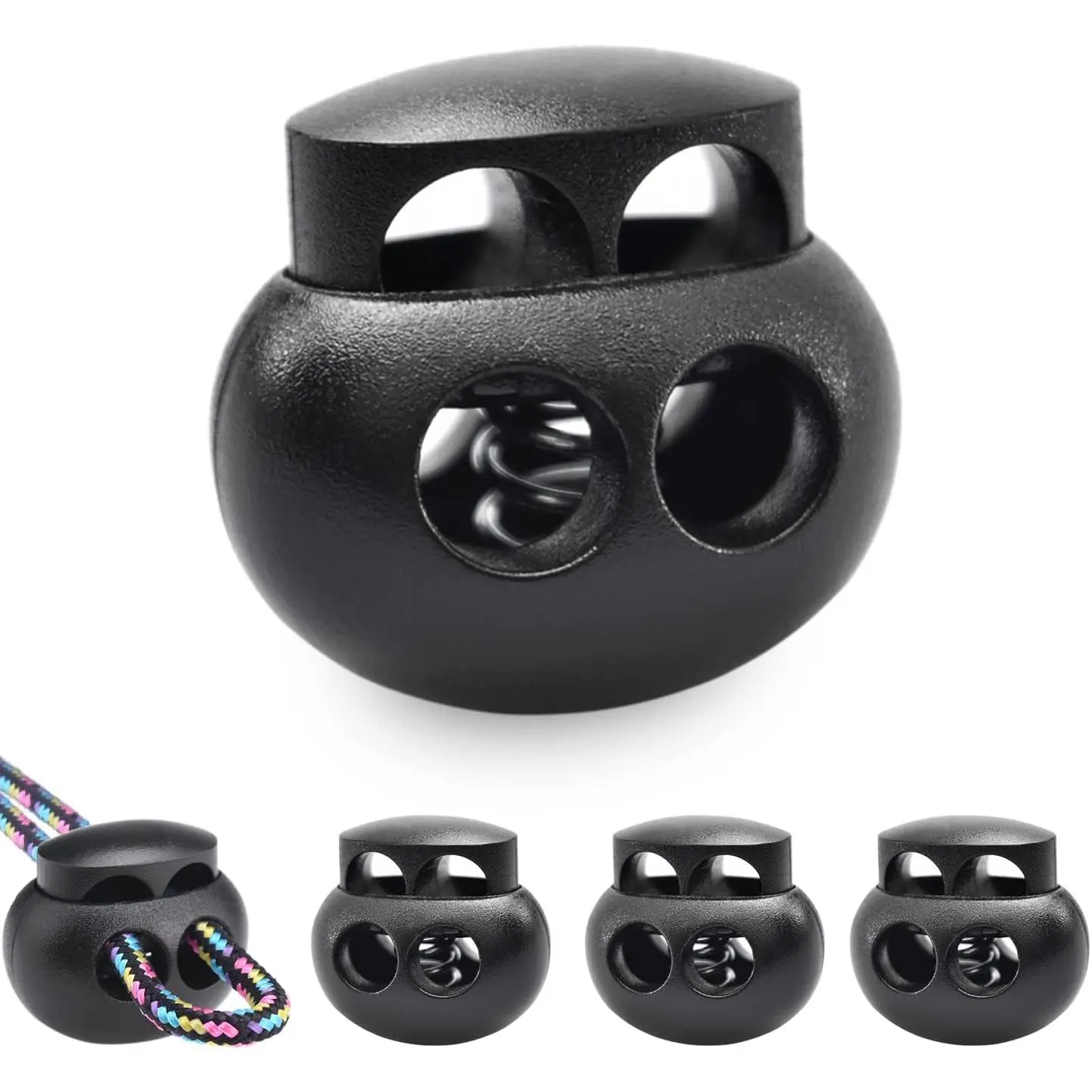 12 Pack Black Plastic Spring Cord Lock Toggle Stopper for Drawstring, Paracord Cord Stop Elastic Shoelace Lock Fastener Slider Clip Double Hole