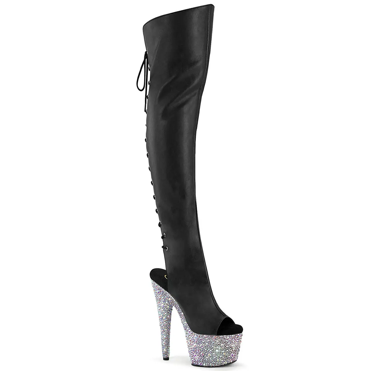 Women's Black Faux Leather Elegant Over-the-Knee Boots - 7-in Heel, Rhinestone Embellished Platform, Open Toe, Lace-Up Back, Zip Closure, Rhinestone Sole, Statement Shoes, Footwear, High Heel