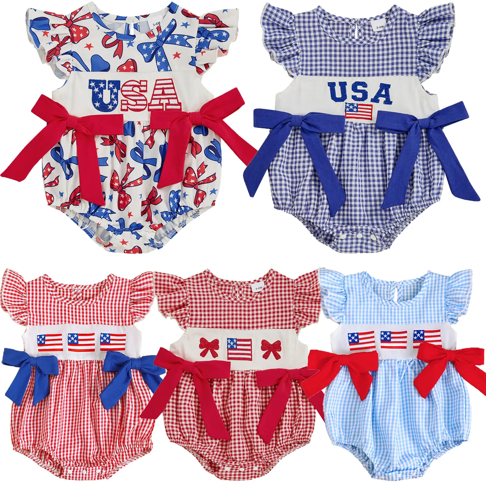 4th of July Baby Girls Rompers Independence Day Clothes USA Flag Letter Embroidery Plaid Fly Sleeve Summer Bodysuits Jumpsuits