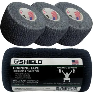 SHIELD | Weightlifting Tape - Made in USA, Hook Grip, Cross-Training, WOD Grip Tape 3-Pack– Durable, Non-Slip, Comfortable & Stretchy Athletic Tape – Thumb, Wrist, Finger Protection (Black)