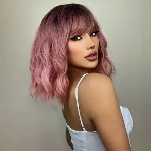 Women's wig 16-inch short curly gradient synthetic wig, wig with black and pink water wave pattern, very suitable for daily wear and parties natural appearance/ Curly Pink Wig