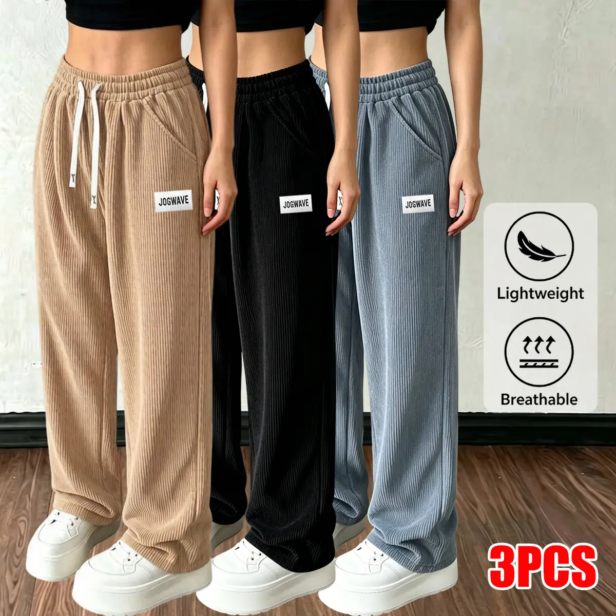 Women’s 3-Pack Basic Minimalist Textured Flannel Trousers - Elastic Waistband with Drawstring, Polyester Slimming Bottoms for Daily Commuting, Outdoor Activities, Great Gift for Loved Ones