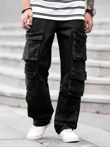 Men's Solid Color Washed Wide Leg Cargo Jeans, Loose Street Style Fashion Casual Comfy Multi-pocket Design Denim Pants for Daily Wear, Men's Trousers for All Seasons, Loose Denim Pockets, Cotton