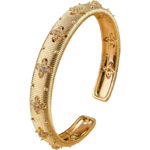 Gold Bracelets for Women,  Gold Stripe Bangle Bracelet Cuff Flower Shaped With Simulated Diamond Trendy Mixed Metal Open Gift for Mom Her Jewelry