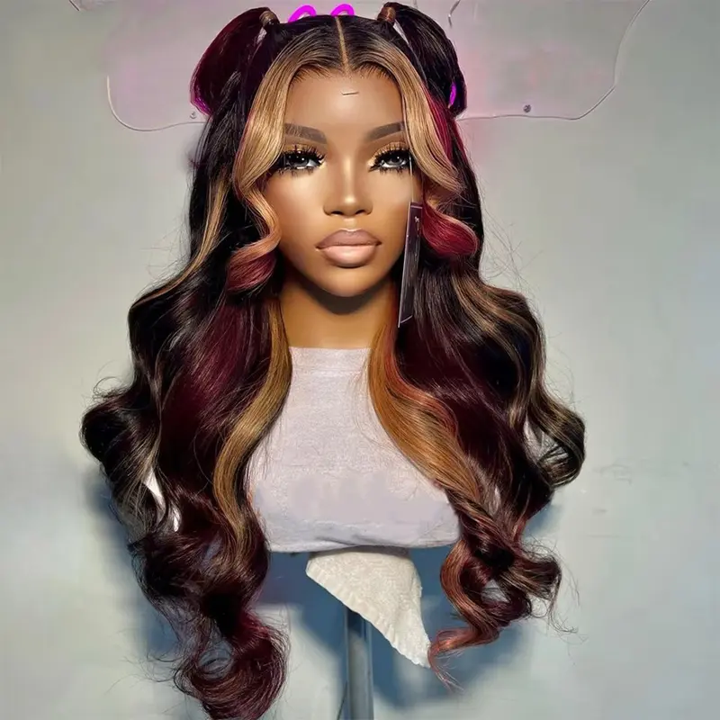 Black Red Blonde Highlight Wig Human Hair Body Wave Skunk Stripe Human Hair Wig 180% Density Blonde Red Highlights 13X4 HD Lace Front Glueless Balayage Wigs Human Hair Pre Plucked for Women