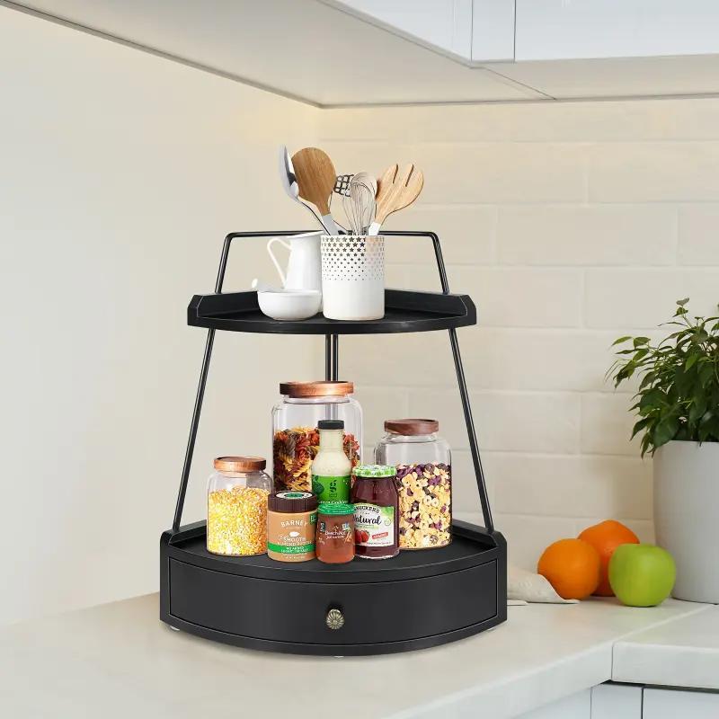 Elegant 2-Tier Black Wood Bathroom Counter Organizer with Drawer - Versatile Corner Storage Shelf for Cosmetics, bath Toiletries & Kitchen Spices - for Vanity Display, Bathroom Decor And Accessories Racks Wooden must-have multifunctional supply