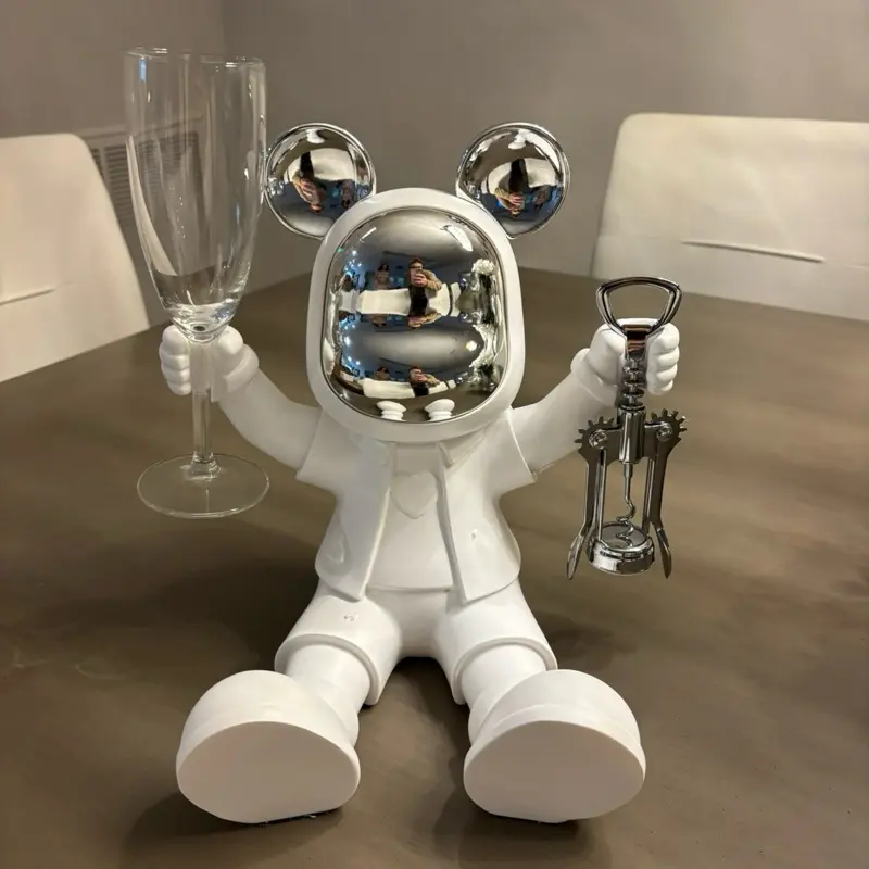 Modern Pop Art Bear Wine Opener, White Chrome Finish, 12 in