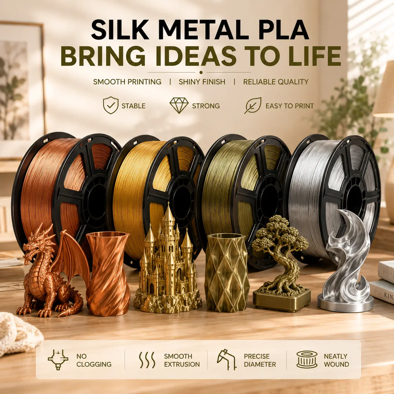 Filazoo Silk PLA 3D Printer Filament, Metallic Colors, Mirror Gloss Finish, Smooth Printing, High Precision, No Clogging, Compatible with Most FDM 3D Printers