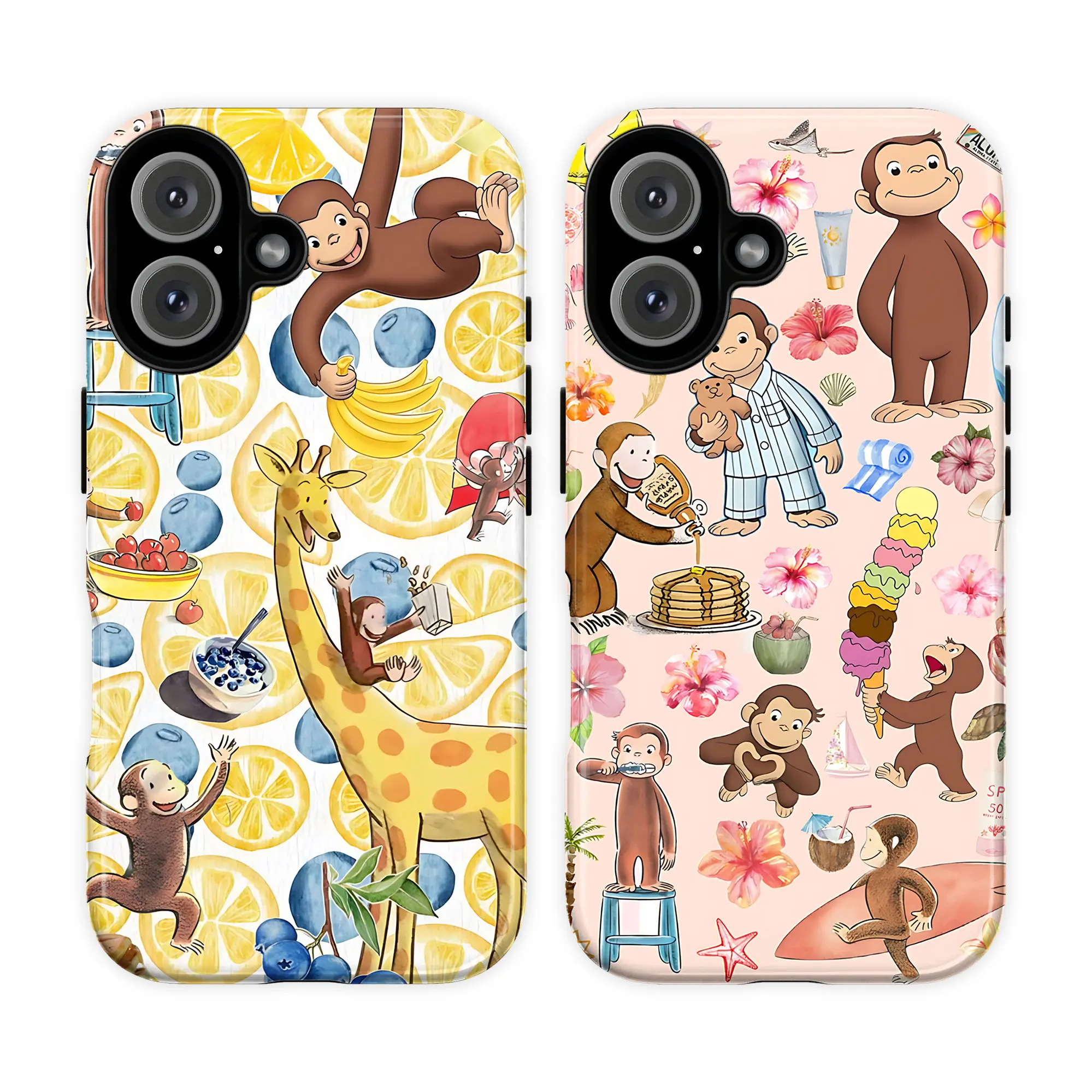 Curious George Tropical Phone Case, Cartoon Monkey Summer Theme Phone Cover for iPhone 17 16 14 13 12 11 Pro Max 8 7 & Galaxy S21–S26, Hibiscus Flower, Lemon Blueberries & Ice Cream Design, Aesthetic Childhood Nostalgia Gift for Her