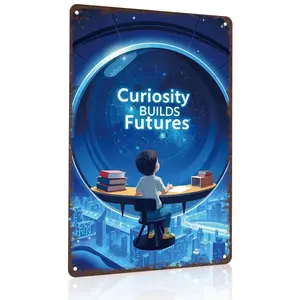 Vibrant blue sci‑fi city kid‑at‑desk educational sign, great for kids’ bedrooms, classroom walls, study nooks and youth‑inspired learning spaces. Colorful weathered aluminum plaque, uplifting trending TikTok gift art for students