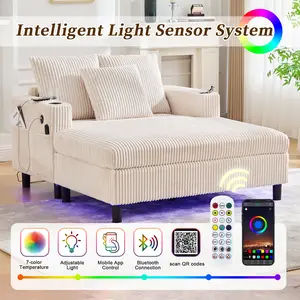 Modern Corduroy Oversized Recliner Sofa with Deep Seat, 3 Pillows, USB Charging, RGB LED Light Strip, Cup Holder, Side Pocket - Suitable for Living Room and Bedroom
