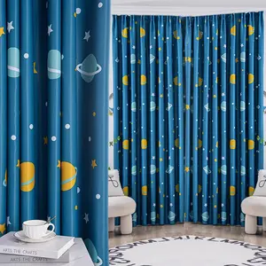Blue Planet Cartoon Print Blackout Light Blocking Curtain, Kids Room Bedroom Living Room Insulation Sun Protection, Fashion Home Decor for All Seasons