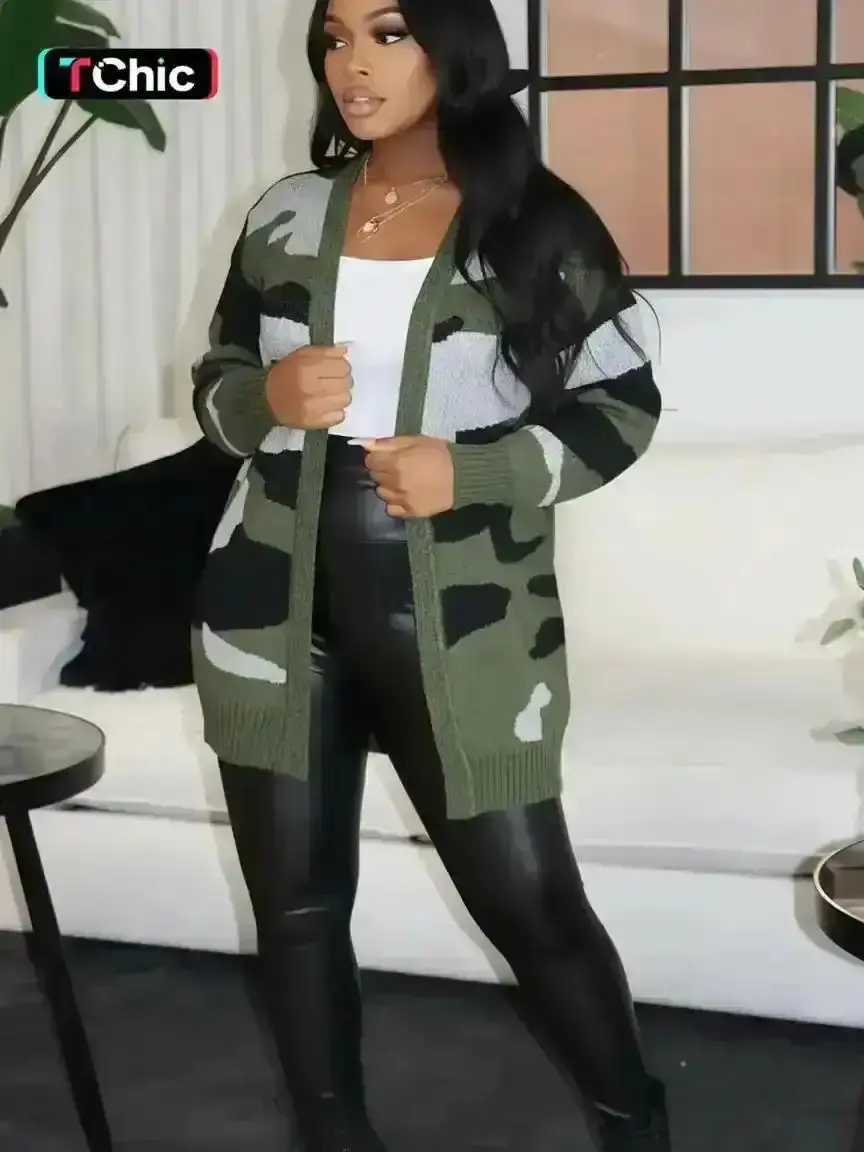 Women's Camo Print Open Front Cardigan Loose Casual Long Sleeve Drop Shoulder Knit Outerwear Ladies Fall Winter Clothes Women Outfit Colorblock Midi Sweater Camouflage Knitwear, Stretchy, Easy Wear, Relaxed Fit